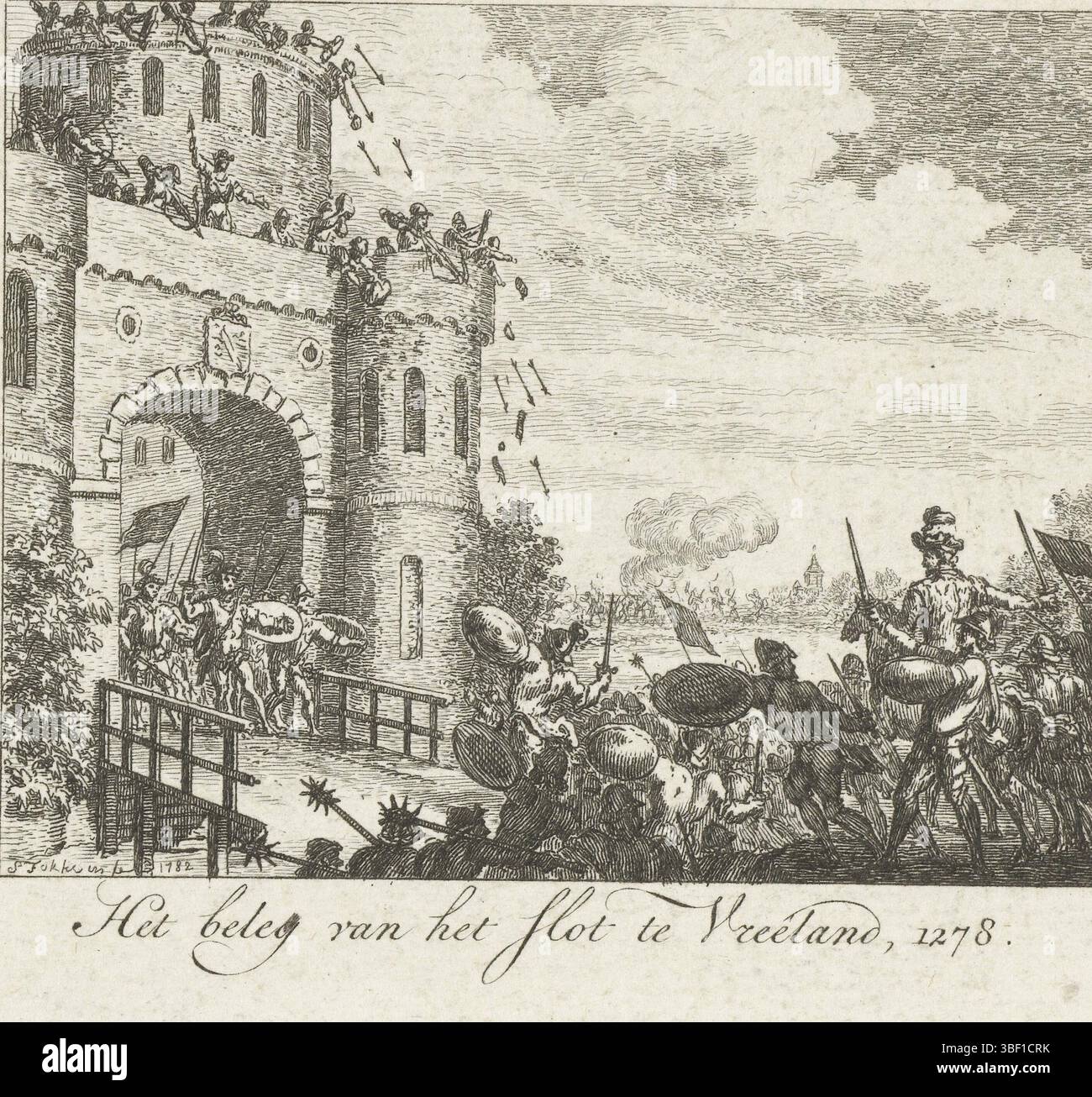 Fokke, Simon, Paesi Bassi settentrionali, Fokke, l'assedio del castello di Vreeland, 1278, assedio del castello di Vreeland, assedio del castello di Vreeland o Vredelant da parte del conte Floris V nel 1278. altezza 125 mm, larghezza 137 mm, Noord-Nederlands, 1712-09-01 - 1784-04-10, stampatore, 1782 - 1782, quarto trimestre del XVIII secolo, carta, incisione, incisione, ideazione del lavoro, secondo il suo progetto Foto Stock Fokke, Simon, Paesi Bassi settentrionali, Fokke, l'assedio del castello di Vreeland, 1278, assedio del castello di Vreeland, assedio del castello di Vreeland o Vredelant da parte del conte Floris V nel 1278. altezza 125 mm, larghezza 137 mm, Noord-Nederlands, 1712-09-01 - 1784-04-10, stampatore, 1782 - 1782, quarto trimestre del XVIII secolo, carta, incisione, incisione, ideazione del lavoro, secondo il suo progetto Foto Stock