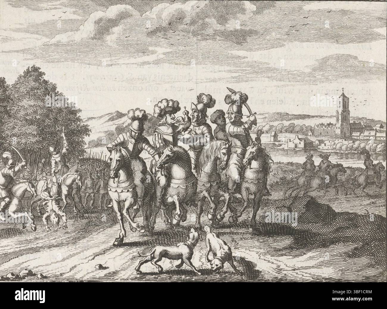 Paesi Bassi settentrionali, storia di Floris de V, gruppo di caccia dei nobili e del conte, 1296, Paesi Bassi settentrionali, gruppo di caccia dei nobili e del conte Floris V. paesaggio con nobili a cavallo., stampa, Frederik Muller History plates, altezza 108 mm, larghezza 153 mm, incisore, 1662 - 1664, terzo quarto del xvii secolo, carta, incisione, etsen Foto Stock Paesi Bassi settentrionali, storia di Floris de V, gruppo di caccia dei nobili e del conte, 1296, Paesi Bassi settentrionali, gruppo di caccia dei nobili e del conte Floris V. paesaggio con nobili a cavallo., stampa, Frederik Muller History plates, altezza 108 mm, larghezza 153 mm, incisore, 1662 - 1664, terzo quarto del xvii secolo, carta, incisione, etsen Foto Stock