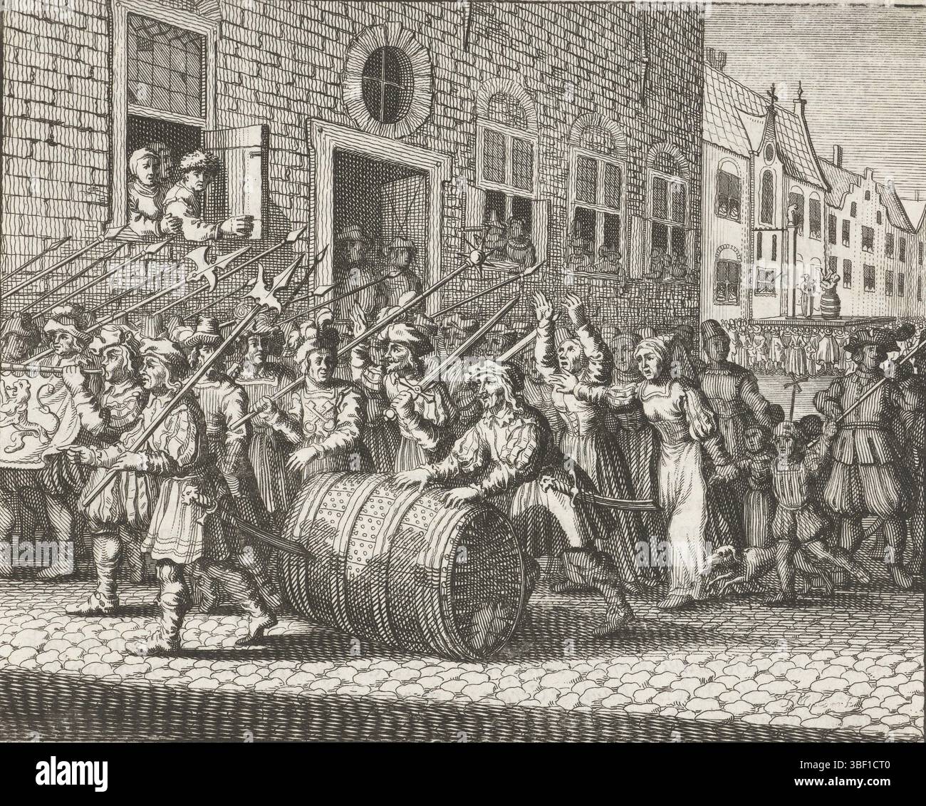 Paesi Bassi del Nord, storia di Floris de V, punizione a Gerard van Velzen, 1296, Paesi Bassi del Nord, pratica penale a Gerard van Velzen. Van Velzen viene fatto rotolare per le strade in un nailton, 1296. Sullo sfondo la precedente esecuzione su un ponteggio., stampa, storico, stampe, lastre storia Frederik Muller, altezza 120 mm, larghezza 153 mm, stampatore, 1662 - 1664, terzo quarto del xvii secolo, carta, incisione, incisione Foto Stock Paesi Bassi del Nord, storia di Floris de V, punizione a Gerard van Velzen, 1296, Paesi Bassi del Nord, pratica penale a Gerard van Velzen. Van Velzen viene fatto rotolare per le strade in un nailton, 1296. Sullo sfondo la precedente esecuzione su un ponteggio., stampa, storico, stampe, lastre storia Frederik Muller, altezza 120 mm, larghezza 153 mm, stampatore, 1662 - 1664, terzo quarto del xvii secolo, carta, incisione, incisione Foto Stock