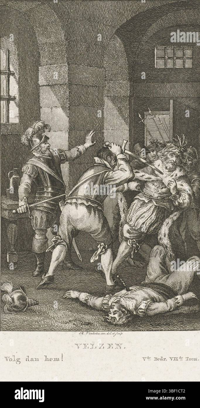Vinkeles, Reinier (i), Paesi Bassi, Vinkeles, assassinio su Floris V, 1296, Gerard van Velzen assassinates Conte Floris V., stampa, Frederik Muller Historical Records, altezza 254 mm, larghezza 171 mm, North-Nederlands, 1741-06-19 - 1816-01-30, stampatore, 1751 - 1816, terzo quarto XVIII secolo, quarto XVIII secolo, primo quarto XIX secolo, carta, incisione, concepimento, olandese settentrionale, secondo il suo progetto Foto Stock Vinkeles, Reinier (i), Paesi Bassi, Vinkeles, assassinio su Floris V, 1296, Gerard van Velzen assassinates Conte Floris V., stampa, Frederik Muller Historical Records, altezza 254 mm, larghezza 171 mm, North-Nederlands, 1741-06-19 - 1816-01-30, stampatore, 1751 - 1816, terzo quarto XVIII secolo, quarto XVIII secolo, primo quarto XIX secolo, carta, incisione, concepimento, olandese settentrionale, secondo il suo progetto Foto Stock