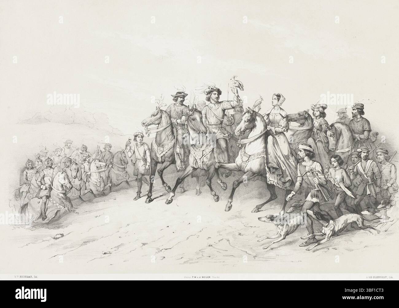 Utrecht, Weijer, Pieter Wilhelmus van de, Hoevenaar, Willem Pieter, Nederland, Groeneveldt, a. van, Het hofleven van den graaf tijd. 1296, conte Floris V con i suoi nobili per falken Hunting, 1296, Utrecht, Paesi Bassi, Edelen, cavalieri e donne per la caccia ai falken. La maggior parte a cavallo, altri cacciatori con cani da caccia a piedi. Parte della serie di otto stampe della maschera degli studenti dell'Università di Scienze applicate di Utrecht, 25 giugno 1851., stampa, storia, stampe, Frederik Muller Historical Records, altezza 388 mm, larghezza 501 mm, stampatore, 1851 - 1851, carta, litografia (tecnica), utc Foto Stock Utrecht, Weijer, Pieter Wilhelmus van de, Hoevenaar, Willem Pieter, Nederland, Groeneveldt, a. van, Het hofleven van den graaf tijd. 1296, conte Floris V con i suoi nobili per falken Hunting, 1296, Utrecht, Paesi Bassi, Edelen, cavalieri e donne per la caccia ai falken. La maggior parte a cavallo, altri cacciatori con cani da caccia a piedi. Parte della serie di otto stampe della maschera degli studenti dell'Università di Scienze applicate di Utrecht, 25 giugno 1851., stampa, storia, stampe, Frederik Muller Historical Records, altezza 388 mm, larghezza 501 mm, stampatore, 1851 - 1851, carta, litografia (tecnica), utc Foto Stock