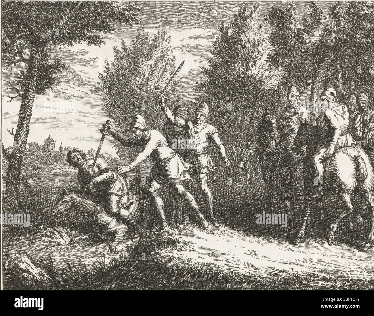 Dubourg, Louis Fabritius, Tanjé, Pieter, Paesi Bassi settentrionali, omicidio su Floris V, 1296, Floris V assassinato da Gerard van Velzen, 26 giugno 1296. Il conte legato al suo cavallo viene ucciso da Gerard van Velzen con una spada., stampa, storico, stampe, Frederik Muller Historical plates, altezza 163 mm, larghezza 200 mm, incisore, 1747 - 1799, secondo quarto del XVIII secolo, terzo quarto del XVIII secolo, quarto del XVIII secolo, carta, incisione, concezione del lavoro, Noord-Nederlands, 1706-02-15 - 1761-06-29, a stampa di, 1693 - 1775-09-16, drago intermediario Foto Stock Dubourg, Louis Fabritius, Tanjé, Pieter, Paesi Bassi settentrionali, omicidio su Floris V, 1296, Floris V assassinato da Gerard van Velzen, 26 giugno 1296. Il conte legato al suo cavallo viene ucciso da Gerard van Velzen con una spada., stampa, storico, stampe, Frederik Muller Historical plates, altezza 163 mm, larghezza 200 mm, incisore, 1747 - 1799, secondo quarto del XVIII secolo, terzo quarto del XVIII secolo, quarto del XVIII secolo, carta, incisione, concezione del lavoro, Noord-Nederlands, 1706-02-15 - 1761-06-29, a stampa di, 1693 - 1775-09-16, drago intermediario Foto Stock