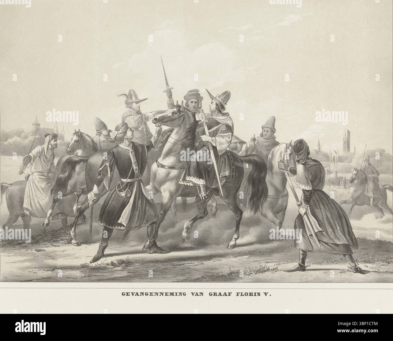 Paesi Bassi, 1296, la cattura del conte Floris V, Paesi Bassi, il conte Floris V viene catturato durante una partita di caccia., stampa, affitto storico, stampe, lastre storia Frederik Muller, altezza 337 mm, larghezza 516 mm, stampatore, 1853 - 1855, terzo quarto del xix secolo, carta, litografia (tecnica) Foto Stock Paesi Bassi, 1296, la cattura del conte Floris V, Paesi Bassi, il conte Floris V viene catturato durante una partita di caccia., stampa, affitto storico, stampe, lastre storia Frederik Muller, altezza 337 mm, larghezza 516 mm, stampatore, 1853 - 1855, terzo quarto del xix secolo, carta, litografia (tecnica) Foto Stock