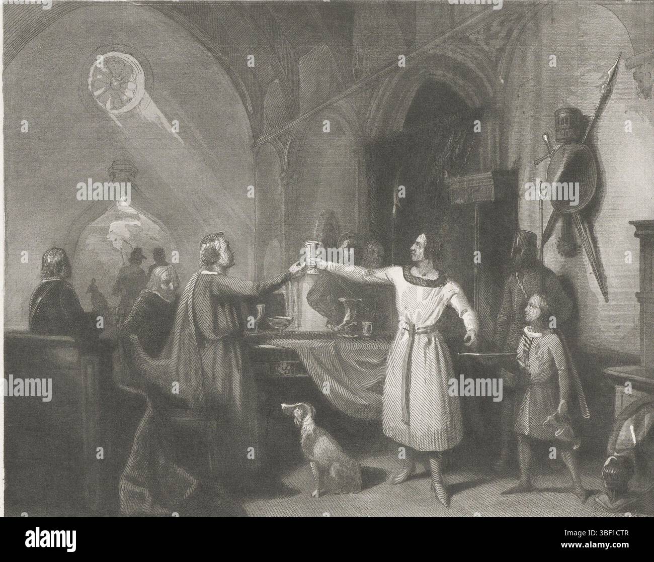 Craeyvanger, Reinier, Paesi Bassi, Kaiser, Johann Wilhelm (i), Floris V. porta Gijsbrecht van Amstel de Sint Geertenminne, De Geertens-Minnedronk di Floris V rilasciato poco prima della sua morte, 1296, De Geertens-Minnedronk di Floris V poco prima della partenza per la caccia e la morte rilasciato a Gijsbrecht van Amstel, 1296. In piedi accanto a un tavolo nella sala di un castello con armatura sul muro. Stampa, storico, stampe, Historyplates di Frederik Muller, altezza 211 mm, larghezza 286 mm, olandese, 1813-01-05 - 1900-11-29, stampatore, 1839-1841, secondo quarto del xix secolo, carta, incisione stelo, acciaio Foto Stock Craeyvanger, Reinier, Paesi Bassi, Kaiser, Johann Wilhelm (i), Floris V. porta Gijsbrecht van Amstel de Sint Geertenminne, De Geertens-Minnedronk di Floris V rilasciato poco prima della sua morte, 1296, De Geertens-Minnedronk di Floris V poco prima della partenza per la caccia e la morte rilasciato a Gijsbrecht van Amstel, 1296. In piedi accanto a un tavolo nella sala di un castello con armatura sul muro. Stampa, storico, stampe, Historyplates di Frederik Muller, altezza 211 mm, larghezza 286 mm, olandese, 1813-01-05 - 1900-11-29, stampatore, 1839-1841, secondo quarto del xix secolo, carta, incisione stelo, acciaio Foto Stock