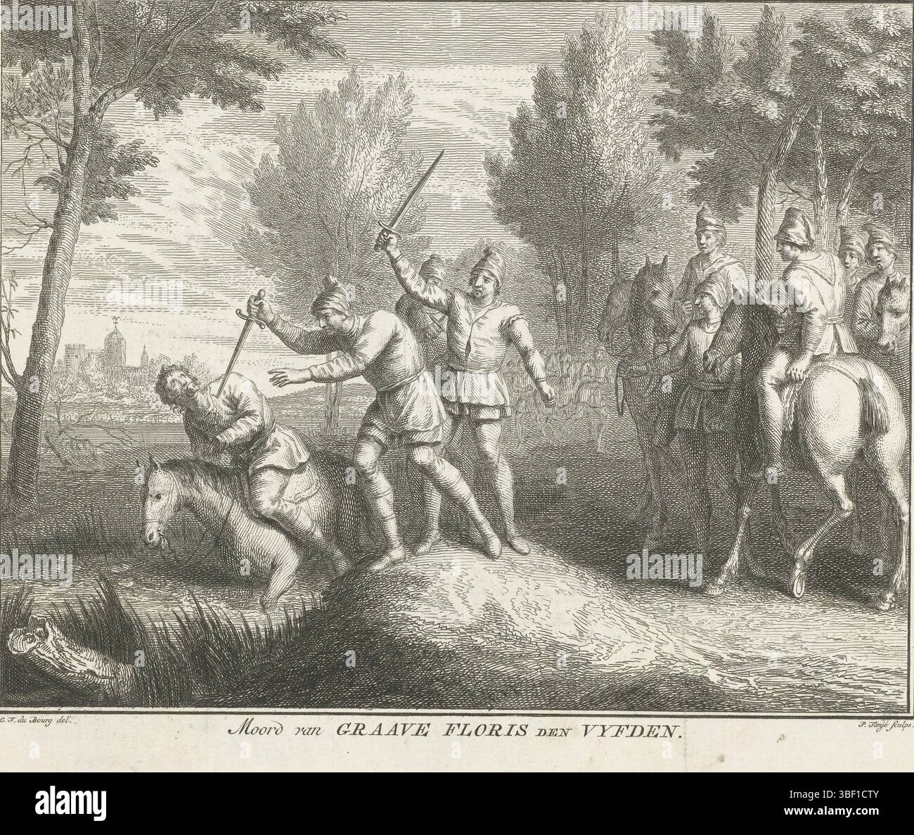 Dubourg, Louis Fabritius, Paesi Bassi settentrionali, Tanjé, Pieter, omicidio di Graave Floris den Vyfden, omicidio di Floris V, 1296, Floris V assassinato da Gerard van Velzen, 26 giugno 1296. Il conte legato al suo cavallo viene ucciso da Gerard van Velzen con una spada., stampa, storico, stampe, Frederik Muller Historical plates, altezza 178 mm, larghezza 204 mm, North-Nederlands, 1706-02-15 - 1761-06-29, incisore, 1747 - 1759, secondo quarto xviii secolo, terzo quarto xviii secolo, carta, incisione, 1693 - 1775-09-16, drago intermedio Foto Stock Dubourg, Louis Fabritius, Paesi Bassi settentrionali, Tanjé, Pieter, omicidio di Graave Floris den Vyfden, omicidio di Floris V, 1296, Floris V assassinato da Gerard van Velzen, 26 giugno 1296. Il conte legato al suo cavallo viene ucciso da Gerard van Velzen con una spada., stampa, storico, stampe, Frederik Muller Historical plates, altezza 178 mm, larghezza 204 mm, North-Nederlands, 1706-02-15 - 1761-06-29, incisore, 1747 - 1759, secondo quarto xviii secolo, terzo quarto xviii secolo, carta, incisione, 1693 - 1775-09-16, drago intermedio Foto Stock