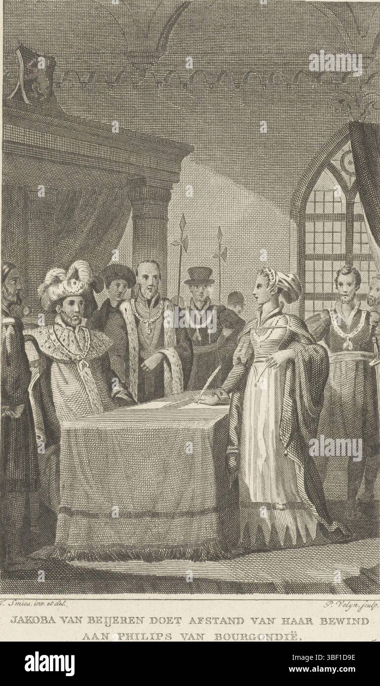 Smies, Jacob, Paesi Bassi, Velijn, Philipp, Jakoba van Beijeren rinuncia al suo regno di Philips di Borgogna, Jacoba di Baviera fa pace con Philips del bene, 1428, Jacoba di Baviera fa pace con Philips del bene a Delft, 3 luglio 1428. Jacoba firma in piedi di fronte a Filippo il buono seduto sul suo trono, il trattato., stampa, storico, stampe, Frederik Muller Historical plates, altezza 215 mm, larghezza 144 mm, olandese, 1787-01-31 - 1836-05-04, Printmaker, 1823 - 1829, secondo quarto del XIX secolo, carta, incisione, Paesi Bassi settentrionali, 1746-06-11 - 1833-08-14, drammaturgo intermedio Foto Stock