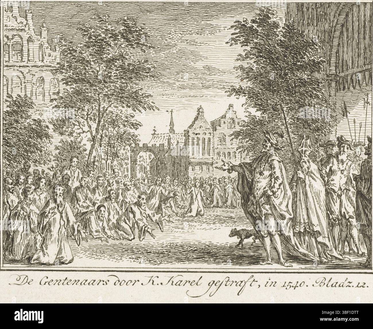 Nei Paesi Bassi settentrionali, Fokke, Simon, De Gentenaars di K. Karel punì, nel 1540, Karel V punì gli abitanti di Gand, 1540, Paesi Bassi settentrionali, a causa del rifiuto della città di pagare la tassa concordata. Umiliazione pubblica del 3 maggio 1540 in cui 500 gentiluomini si inginocchiano a piedi nudi e con un cappio intorno al collo per l'imperatore e implorano pietà. altezza 88 mm, larghezza 110 mm, Paesi Bassi del Nord, 1712-09-01 - 1784-04-10, stampatore, 1782 - 1784, quarto quarto trimestre del xviii secolo, carta, incisione, incisione Foto Stock