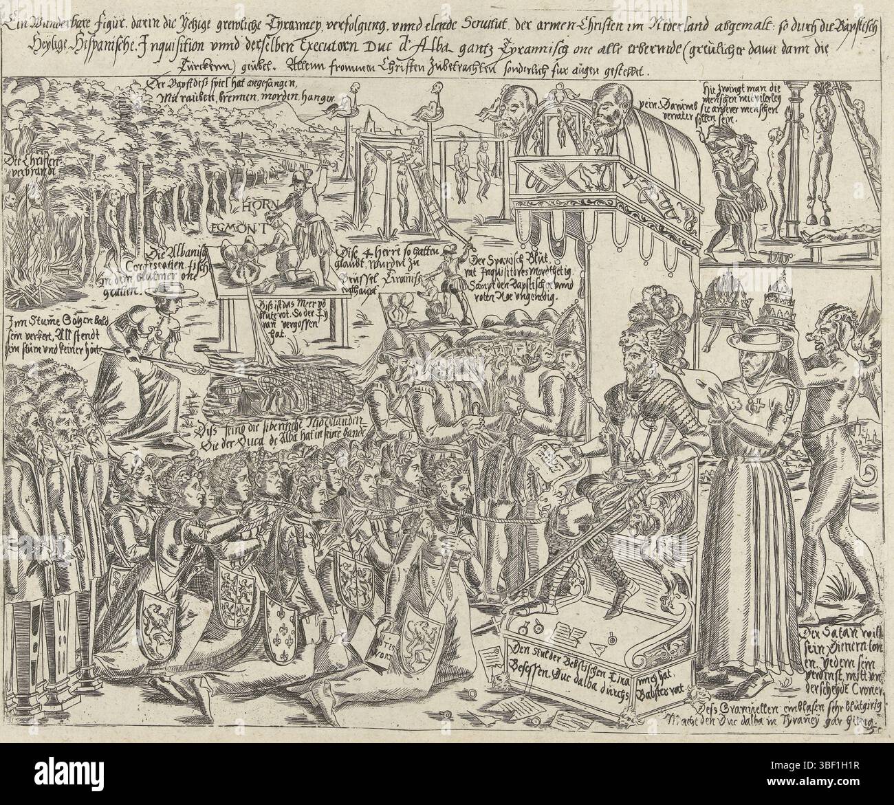 Germania, trono del duca di Alva, 1569 (copia), Germania, allegorie sulla tirannia del duca di Alva nei Paesi Bassi, 1569. Sul lato destro del suo trono Alva con Granvelle (con mantici) e il diavolo, sul lato sinistro del suo trono sono membri del Consiglio del sangue. Per Alva inginocchiato incatenato le 17 personificazioni delle province dei Paesi Bassi, destra i membri muti degli Stati generali. Sopra, un cardinale pesca ricchezze in uno stagno di sangue, dietro il quale nel 1568 si è verificata la decapitazione di Egmond e Horne e di altri a Bruxelles. Sullo sfondo scene di torture ed esecuzioni. Poll Foto Stock