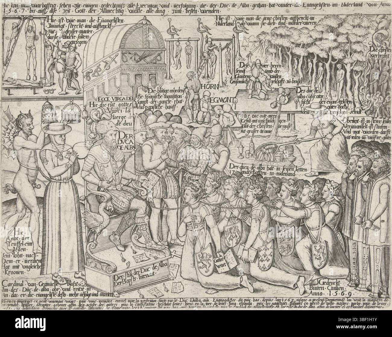 Germania, trono del duca di Alva, 1569, Germania, allegorie sulla tirannia del duca di Alva nei Paesi Bassi, 1569. Alva sinistra sul suo trono con Granvelle (con mantici) e il diavolo, a destra del suo trono sono membri del Consiglio di sangue. Per Alva inginocchiato incatenato le 17 personificazioni delle province dei Paesi Bassi, destra i membri muti degli Stati generali. Sopra, un cardinale pesca ricchezze in uno stagno di sangue, dietro il quale nel 1568 si è verificata la decapitazione di Egmond e Horne e di altri a Bruxelles. Sullo sfondo scene di torture ed esecuzioni. Con la firma di 3 righe Foto Stock