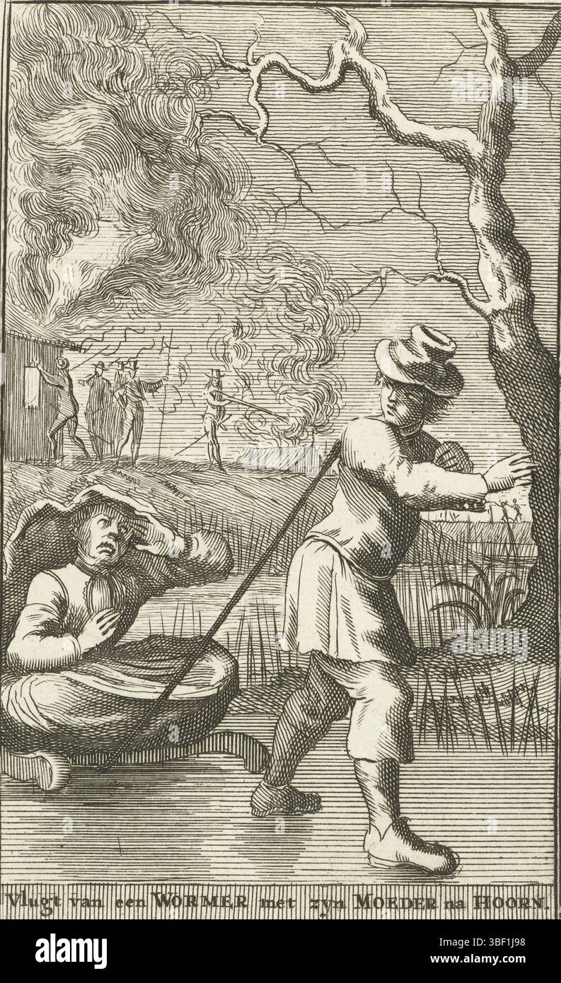Olanda settentrionale, veloce da un Wormer con zyn madre dopo Hoorn, Lambert Melisz. Volo con sua madre in slitta sul ghiaccio, 1574, Paesi Bassi settentrionali, Lambert Melisz. Da Westzaan volo con sua madre in slitta sul ghiaccio a Hoorn, febbraio 1574. Sullo sfondo, i soldati spagnoli bruciano case., stampa, storico, stampe, lastre di storia di Frederik Muller, altezza 132 mm, larghezza 82 mm, stampatore, 1700 - 17022, primo quarto del xviii secolo, carta, incisione, incisione (processo di stampa) Foto Stock