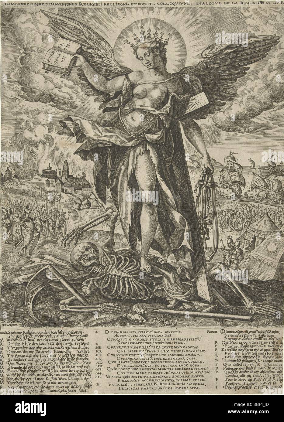 Anversa, Baltens, Peeter, Vos, Maerten de, Southern Nederlands, Wierix, Relligionis et Hospitis colloquium, Dialogue de la Religion en du passant, Collaboration between Mens and Religion, Dialogue Between Mens and Religion, ca. 1578, Anversa, Paesi Bassi meridionali, la radiosa personificazione alata della religione entra nella morte sotto forma di uno scheletro con falce e una gamba nella tomba. La religione si appoggia su una croce di legno e tiene in mano un libro aperto chiamato Vangelo della pace, nell'altra mano regna o regna. Contro un paesaggio tormentato dalla guerra. Nella didascalia una consultazione in t Foto Stock