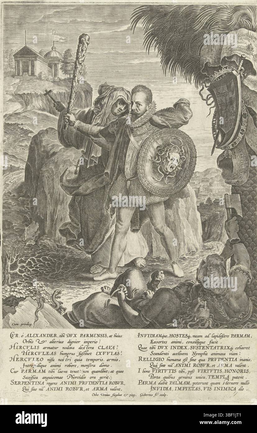 Sconosciuto, Veen, otto van, Zuidelijke Nederlanden, Gijsbert van, allegorie con il duca di Parma come sostenitore della Chiesa cattolica nei Paesi Bassi, 1585, sconosciuto, Paesi Bassi meridionali, allegorie con Alexander Farnese, il duca di Parma, come sostenitore della Chiesa cattolica nei Paesi Bassi, 1585. Parma come Ercole con club e scudo è puntato su una roccia dalla personificazione della religione (cattolica) al tempio della virtù. Prima di lui giace sconfitto a terra Envy (Invidia), Inpiety (Impietas) con un sacrilegio rotto e forza nemica (Vis Inimica). Sulla palma a destra appendere il Foto Stock