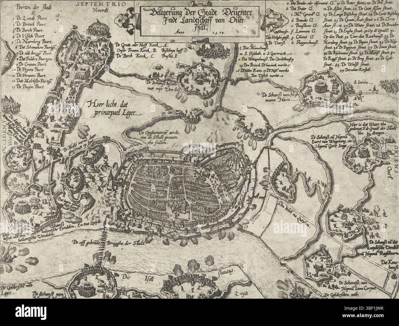 I Paesi Bassi, Doetechum, Baptista van, Nederlanden, Joannes van (i), Belgerung der Stadt Deventer, Inde Landtschaff van over-Isell. Anno 1578, assedio di Deventer a Overijssel, 1578, Mappa con un piano dell'assedio di Deventer da parte dell'Esercito di Stato al comando di Rennenberg, dal 2 agosto al settembre 1578. Mappa che mostra una mappa della città sull'IJssel e le posizioni delle truppe assediate intorno alla città. A sinistra sopra la leggenda delle porte della città 1-13, proprio sopra la leggenda 14-44 e a-o in olandese. Nelle iscrizioni dello spettacolo in olandese., stampa, notizie, stampe, Frederik Muller Historyplaten, altezza 275 m. Foto Stock