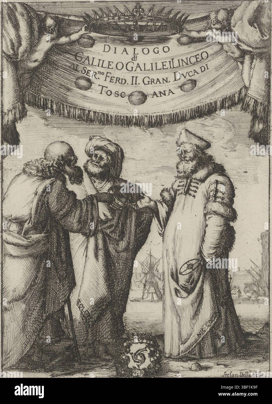 Italia, Landini, Giovanni Battista, Italia, bella, Stefano della, Home Page: Galileo Galilei, Dialogo. Dove ne i congressi di quattro giornate si discorre sopra i due massimi sistemi del mondo tolemaico, e Copernicano, 1632., Galileo in conversazione con due anziani, verso - timbrato, tre uomini in conversazione. Uno degli uomini è probabilmente Galileo Galilei. Sullo sfondo navi in mare. Al di sopra dello spettacolo un tendone e una corona indossati da due putti. Sul pettine il titolo e lo stemma della famiglia De'Medici, stampa, pagina del titolo, stampe, altezza 200 mm, larghezza 143 mm, italiano, 1610-05-18 - 1664-0 Foto Stock