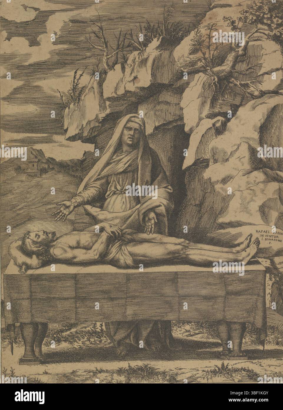 Italia, Raffaello, Italia, Bonasone, Giulio, Bewening, verso-timbrato, il corpo morto di Cristo giace su un tavolo. Dietro il tavolo c'è Maria. Sullo sfondo una grotta., stampa, altezza 330 mm, larghezza 241 mm, italiano, 1510 - 1576, stampatore, 1501 - 1580, carta, incisione, incisione, incisione (processo di stampa), ideazione del lavoro, 1483-04-07 - 1520-04-07 Foto Stock