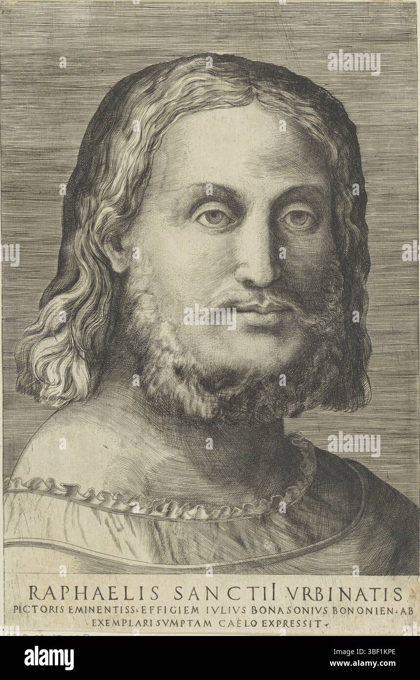 Italia, Raffaello, Italia, Bonasone, Giulio, ritratto dell'artista Rafael, stampato verso, altezza 280 mm, larghezza 186 mm, italiano, 1510 - 1576, stampatore, 1501 - 1580, carta, incisione, incisione, incisione (processo di stampa), concetto di lavoro, 1483-04-07 - 1520-04-07 Foto Stock