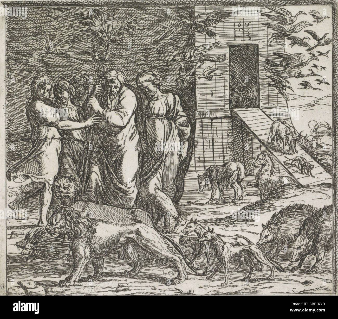 Città del Vaticano, Raffaello, Italia, Borgianni, Orazio, dipinti nella Loggia di Raffaello, Noè lascia l'arca dopo l'alluvione, timbrato verso, Noè e la sua famiglia lasciano l'arca insieme a tutti gli animali., stampa, altezza 150 mm, larghezza 170 mm, 1578 - 1616-01-11, stampatrice, 1615 - 1615, carta, incisione, 1483-04-07 - 1520-04-07, dopo la verniciatura di Foto Stock