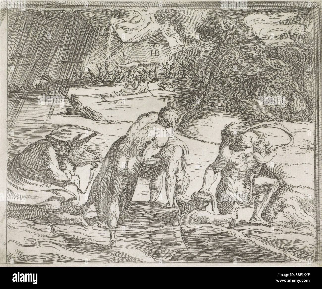 Città del Vaticano, Raffaello, Italia, Borgianni, Orazio, dipinti nella Loggia di Raffaello, il diluvio, verso - timbrato, il diluvio inonda la terra. Persone e animali sono inghiottiti dall'acqua. Le persone cercano di fuggire dall'acqua in salita., stampa, altezza 158 mm, larghezza 190 mm, 1578 - 1616-01-11, stampatrice, 1615 - 1615, carta, incisione, 1483-04-07 - 1520-04-07, dopo la verniciatura di Foto Stock