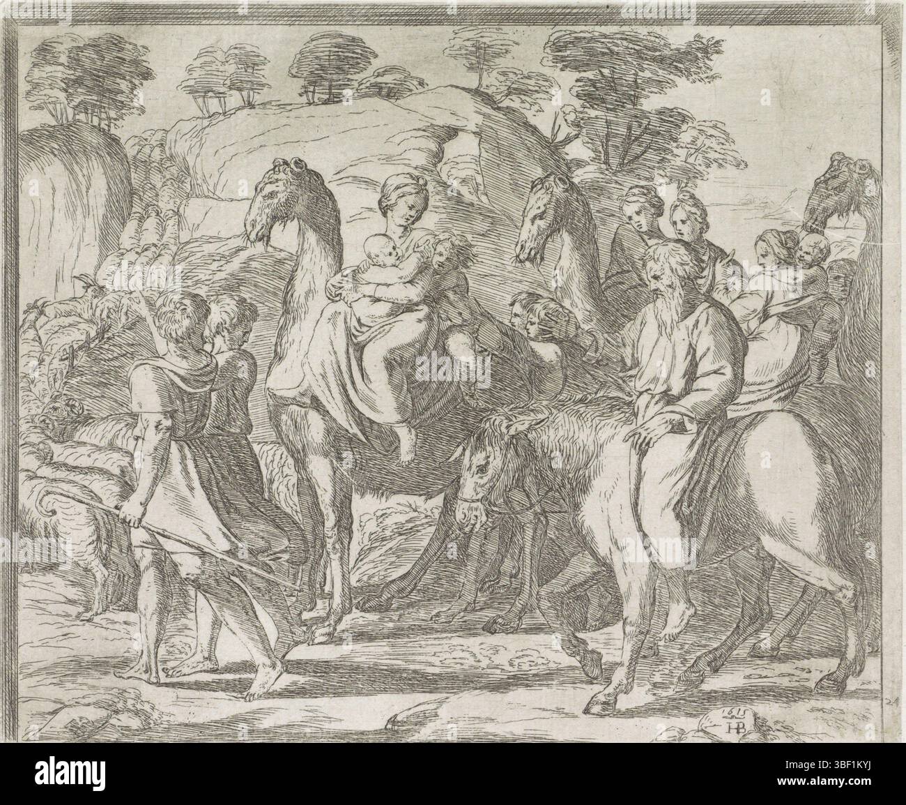 Città del Vaticano, Raffaello, Italia, Borgianni, Orazio, dipinti nella Loggia di Raffaello, Giacobbe con la sua famiglia sulla via di casa, stampato verso, stampa, altezza 163 mm, larghezza 191 mm, 1578 - 1616-01-11, macchina di stampa, 1615 - 1615, carta, incisione, 1483-04-07 - 1520-04-07, dopo la verniciatura di Foto Stock