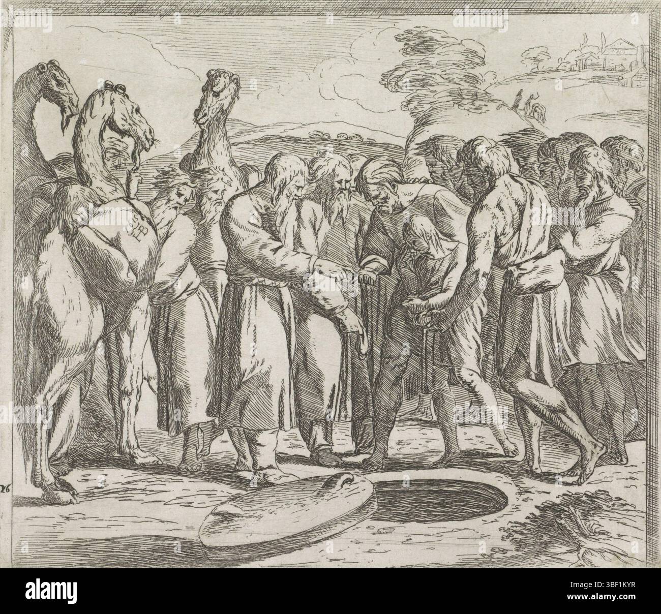 Città del Vaticano, Raffaello, Italia, Borgianni, Orazio, dipinti nella Loggia di Raffaello, Giuseppe venduti dai suoi fratelli, stampato verso, Giuseppe è venduto dai suoi fratelli ad un gruppo di mercanti del pozzo., stampa, altezza 154 mm, larghezza 176 mm, 1578 - 1616-01-11, stampatrice, 1615 - 1615, carta, incisione, 1483-07 - 1520-04-07, dopo la verniciatura di Foto Stock