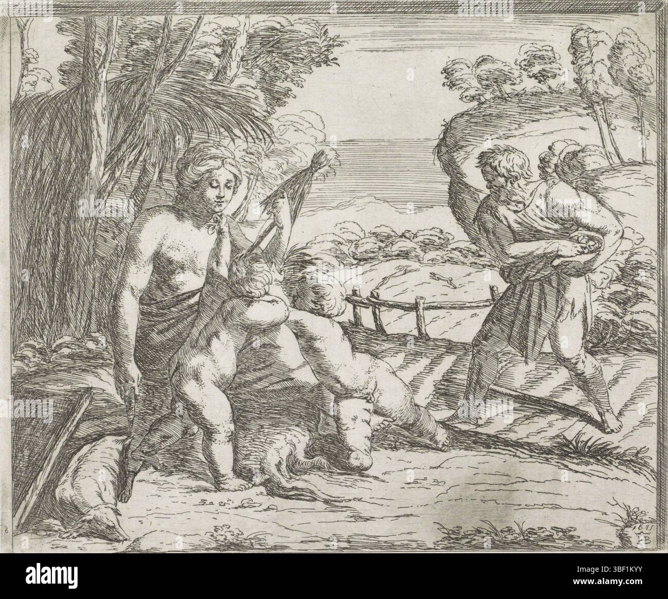 Città del Vaticano, Raffaello, Italia, Borgianni, Orazio, dipinti nella Loggia di Raffaello, Adamo ed Eva dopo la caduta, timbrati verso, Adamo ed Eva con Caino e Abele che lavorano in un paesaggio., stampa, altezza 146 mm, larghezza 175 mm, 1578 - 1616-01-11, stampatrice, 1615 - 1615, carta, incisione, 1483-04-07 - 1520-04-07, dopo la verniciatura di Foto Stock