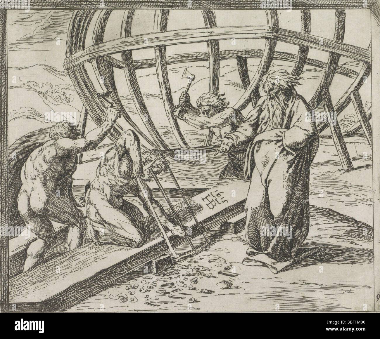 Città del Vaticano, Raffaello, Italia, Borgianni, Orazio, dipinti nella Loggia di Raffaello, Noè costruisce l'arca, stampato verso, Noè e i suoi tre figli costruiscono l'arca., stampa, altezza 155 mm, larghezza 188 mm, 1578 - 1616-01-11, stampatrice, 1615 - 1615, carta, incisione, 1483-04-07 - 1520-04-07, dopo la verniciatura di Foto Stock