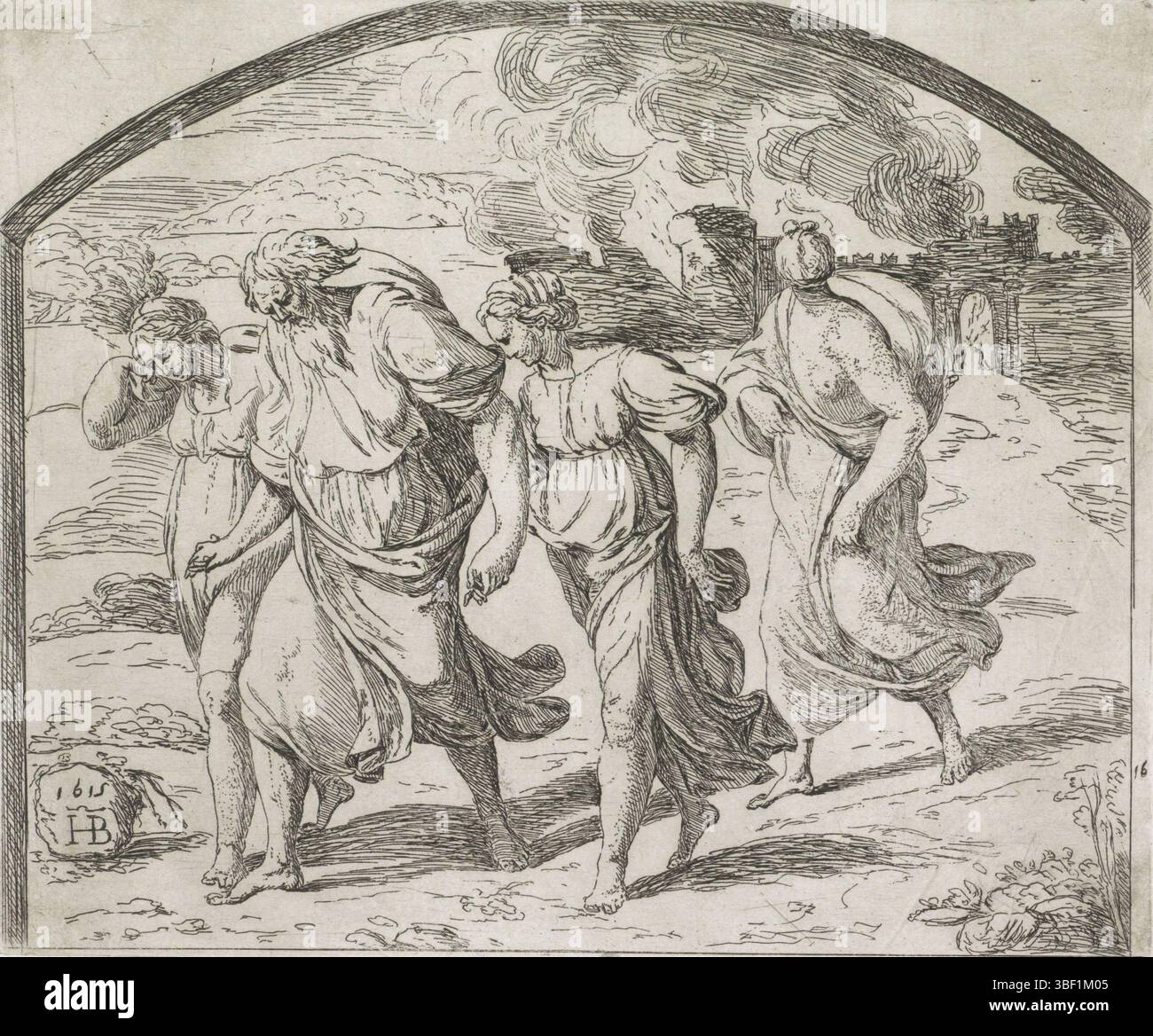 Città del Vaticano, Raffaello, Italia, Borgianni, Orazio, dipinti nella Loggia di Raffaello, Lot lascia Sodoma con sua moglie e le sue figlie, con vero timbro, Lot lascia Sodoma con sua moglie e le sue figlie. Sullo sfondo la città in fiamme., stampa, altezza 148 mm, larghezza 179 mm, 1578 - 1616-01-11, stampatrice, 1615 - 1615, carta, incisione, 1483-04-07 - 1520-04-07, dopo la verniciatura di Foto Stock