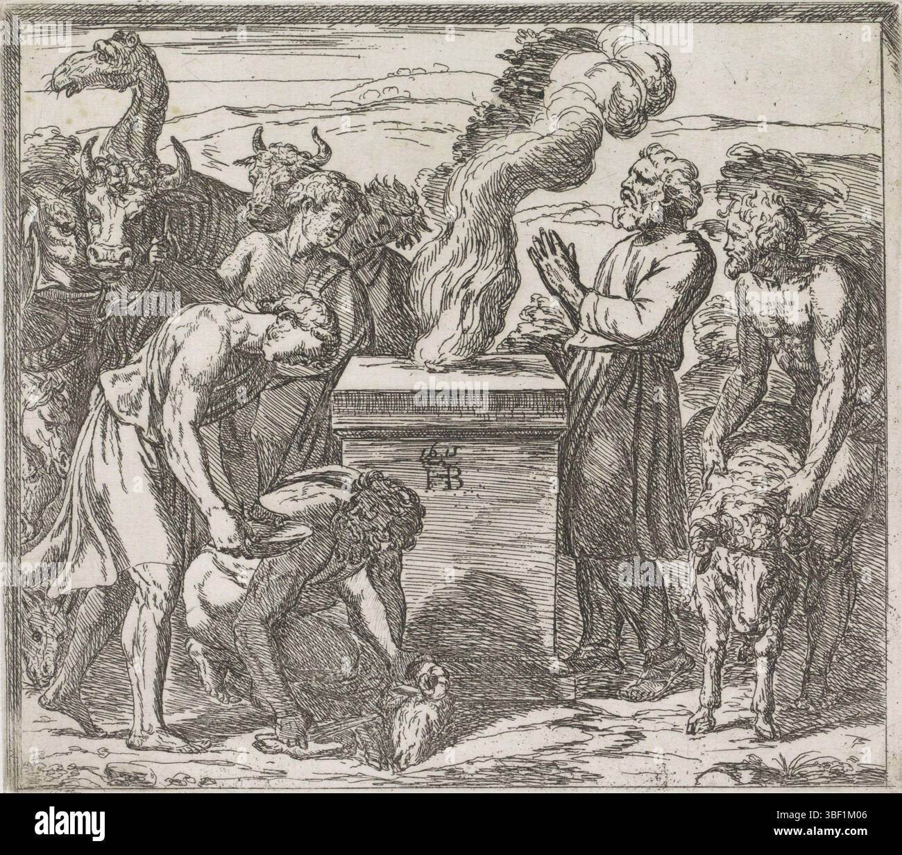 Città del Vaticano, Raffaello, Italia, Borgianni, Orazio, dipinti nella Loggia di Raffaello, Noè sacrifica a Dio, verso - timbrato, Noè e i suoi compagni fanno un sacrificio a Dio su un altare., stampa, altezza 151 mm, larghezza 171 mm, 1578 - 1616-01-11, stampatrice, 1615 - 1615, carta, incisione, 1483-07 - 1520-04-07, dopo la verniciatura di Foto Stock