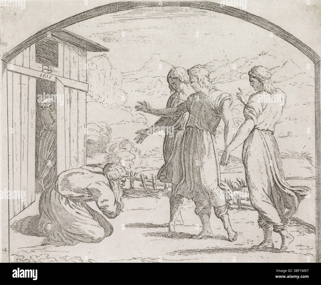 Città del Vaticano, Raffaello, Italia, Borgianni, Orazio, dipinti nella Loggia di Raffaello, Abramo e i tre angeli, stampati verso, Abramo è inginocchiato davanti a tre angeli. Dietro Abraham c'è Sara in un fienile., stampa, altezza 149 mm, larghezza 179 mm, 1578 - 1616-01-11, stampatrice, 1615 - 1615, carta, incisione, 1483-04-07 - 1520-04-07, dopo la verniciatura di Foto Stock