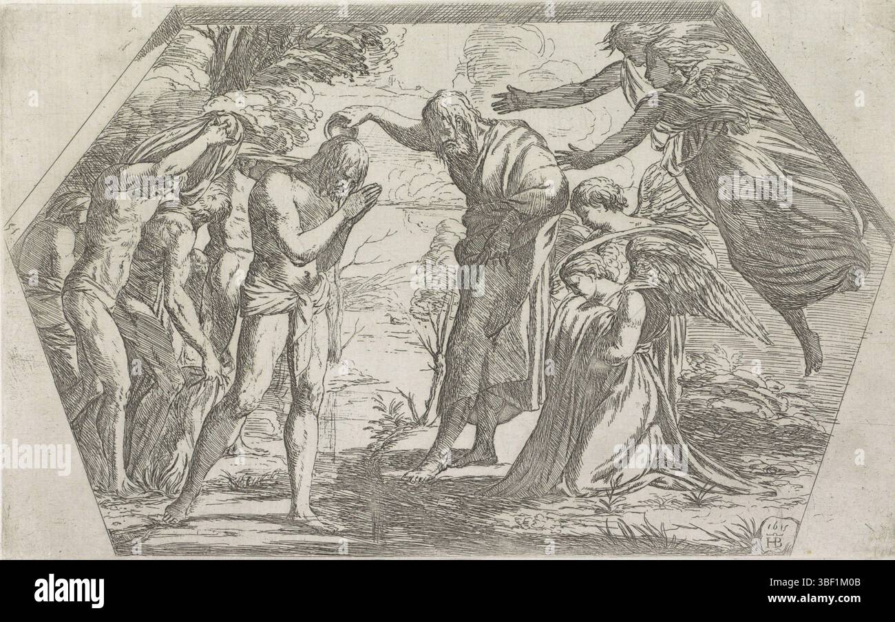 Città del Vaticano, Raffaello, Italia, Borgianni, Orazio, dipinti nella Loggia di Raffaello, Battesimo di Cristo, timbrato verso, Cristo è battezzato da Giovanni Battista nel fiume Giordano. Dietro John inginocchiato e angeli galleggianti, stampa, altezza 141 mm, larghezza 227 mm, 1578 - 1616-01-11, stampatrice, 1615 - 1615, carta, incisione, 1483-04-07 - 1520-04-07, dopo la verniciatura di Foto Stock