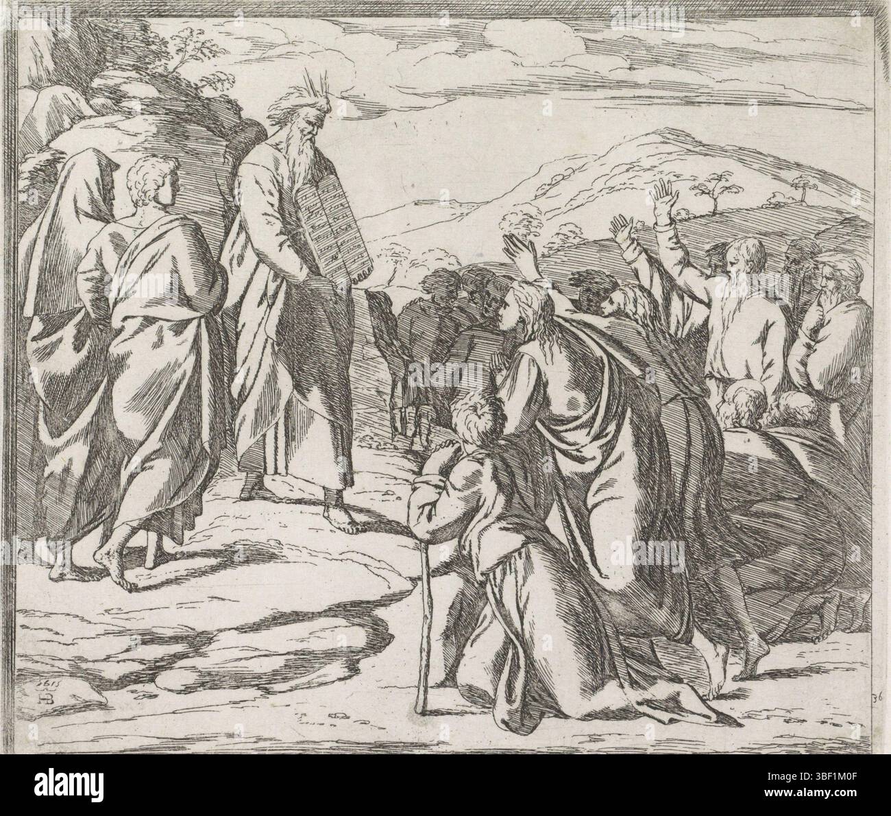 Città del Vaticano, Raffaello, Italia, Borgianni, Orazio, dipinti nella Loggia di Raffaello, Mosè mostra le tavole della legge, stampate verso, Mosè sorge ai piedi del Monte Sinai, davanti agli Israeliti. Mostra loro le tabelle della legge., stampa, altezza 156 mm, larghezza 180 mm, 1578 - 1616-01-11, stampatrice, 1615 - 1615, carta, incisione, 1483-04-07 - 1520-04-07, dopo la verniciatura di Foto Stock