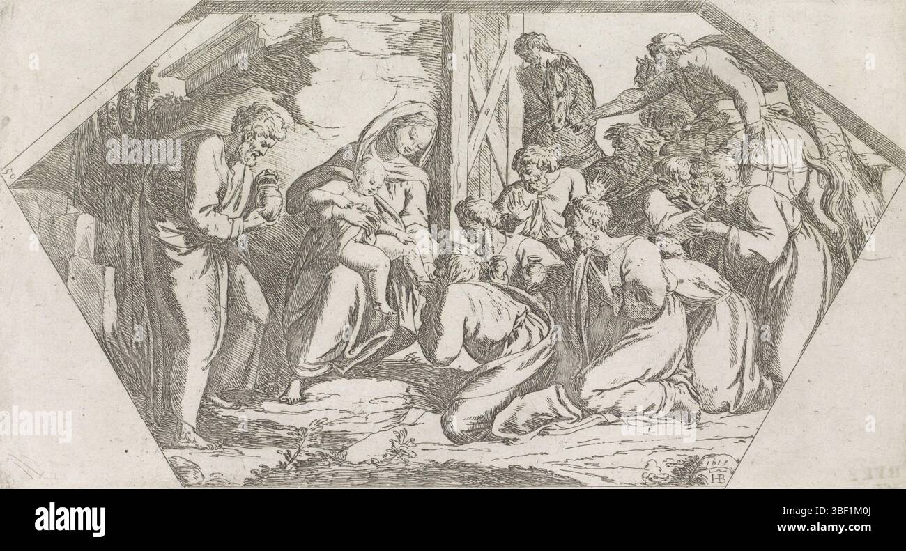 Città del Vaticano, Raffaello, Italia, Borgianni, Orazio, dipinti nella Loggia di Raffaello, Adorazione dei re, verso - stampati, per una stalla, i tre re, Maria e Giuseppe adorano il Cristo bambino. I re offrono regali. Stampa, altezza 140 mm, larghezza 260 mm, 1578 - 1616-01-11, stampatrice, 1615 - 1615, carta, incisione, 1483-04-07 - 1520-04-07, dopo la verniciatura di Foto Stock