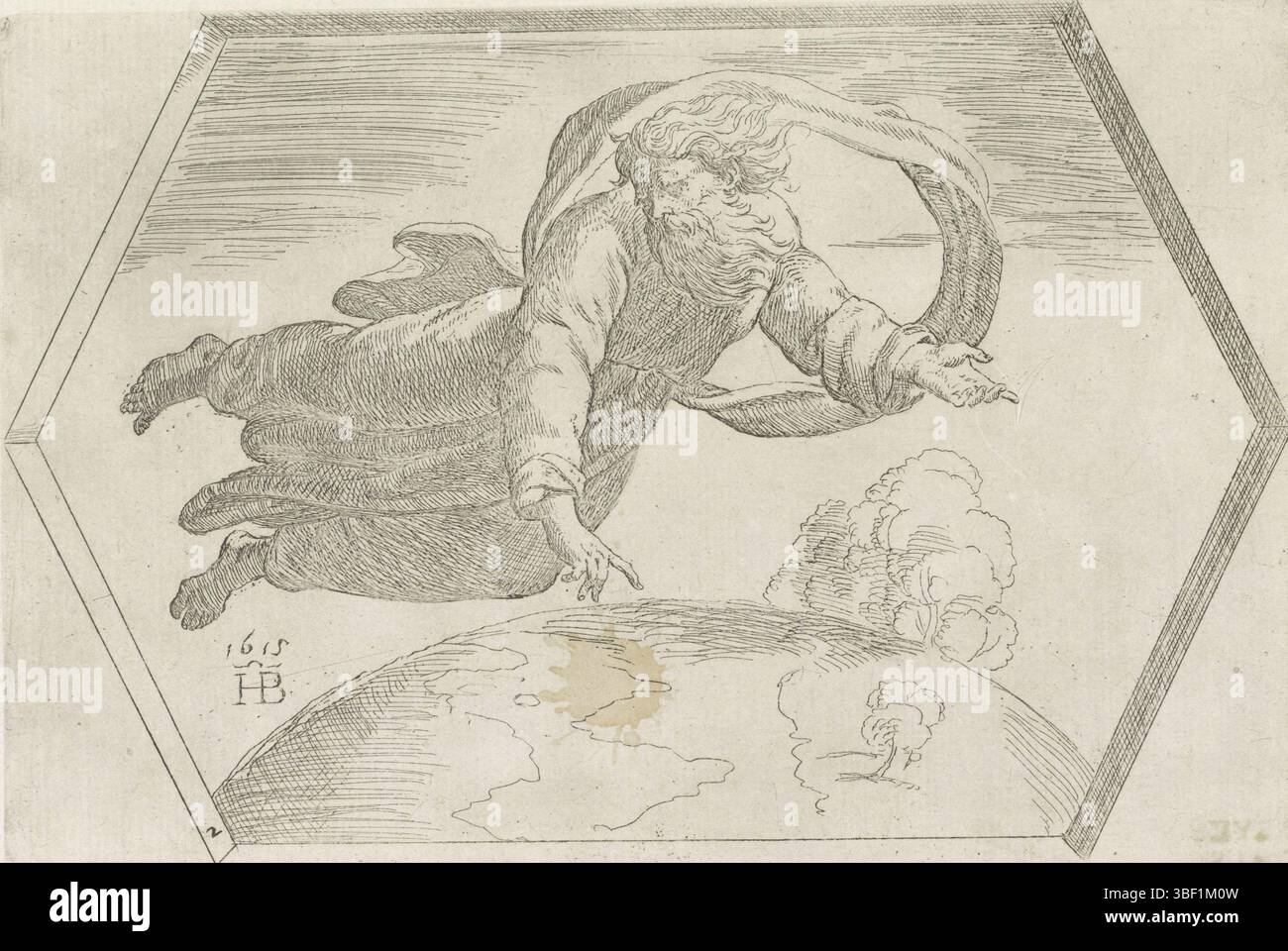 Città del Vaticano, Raffaello, Italia, Borgianni, Orazio, dipinti nella Loggia di Raffaello, creazione del cielo e della terra, verso - timbrato, Dio, un vecchio con la barba, che si libra sulla terra., stampa, altezza 144 mm, larghezza 216 mm, 1578 - 1616-01-11, stampatrice, 1615 - 1615, carta, incisione, 1483-07 - 1520-04-07, dopo la verniciatura di Foto Stock