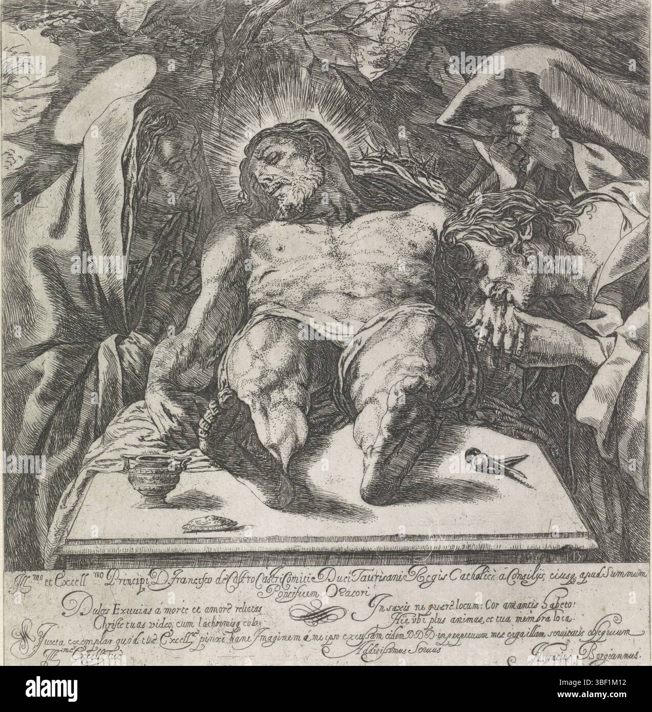 Italia, Borgianni, Orazio, Bewening, Italia, verso - timbrato, il corpo di Cristo è wewittato da due Marys e Giovanni Evangelista. Testo in margine, stampa, altezza 231 mm, larghezza 222 mm, 1578 - 1616-01-11, stampatrice, 1615 - 1615, carta, incisione, incisione Foto Stock