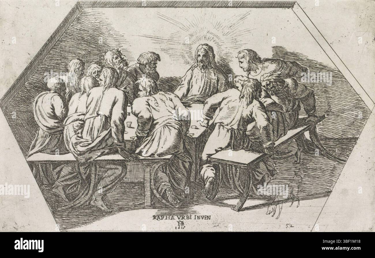 Città del Vaticano, Raffaello, Italia, Borgianni, Orazio, dipinti nella Loggia di Raffaello, ultima cena, verso - timbrato, Cristo siede con i suoi discepoli intorno a un tavolo all'ultima cena., stampa, altezza 140 mm, larghezza 226 mm, 1578 - 1616-01-11, stampatrice, 1615 - 1615, carta, incisione, 1483-04-07 - 1520-04-07, dopo la verniciatura di Foto Stock