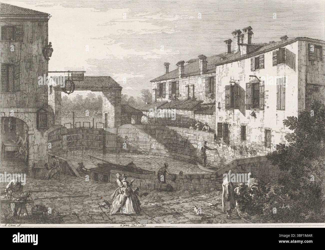 Venezia, Canaletto, Venezia, vedute altre prese da i luoghi altre ideale da Antonio Canal, volti a luoghi esistenti e inventati, le porte del Dolo, una serratura ovale a Dolo. Sopra l'ingresso del tetto. Sulla sinistra si trova un edificio con uno stemma sulla facciata. Un commerciante di frutta e altre figure in primo piano., stampa, altezza 298 mm, larghezza 430 mm, italiano, 1697 - 1768-04-20, macchina per stampa, 1707 - 1768, carta, incisione, concezione del lavoro, secondo il suo progetto Foto Stock