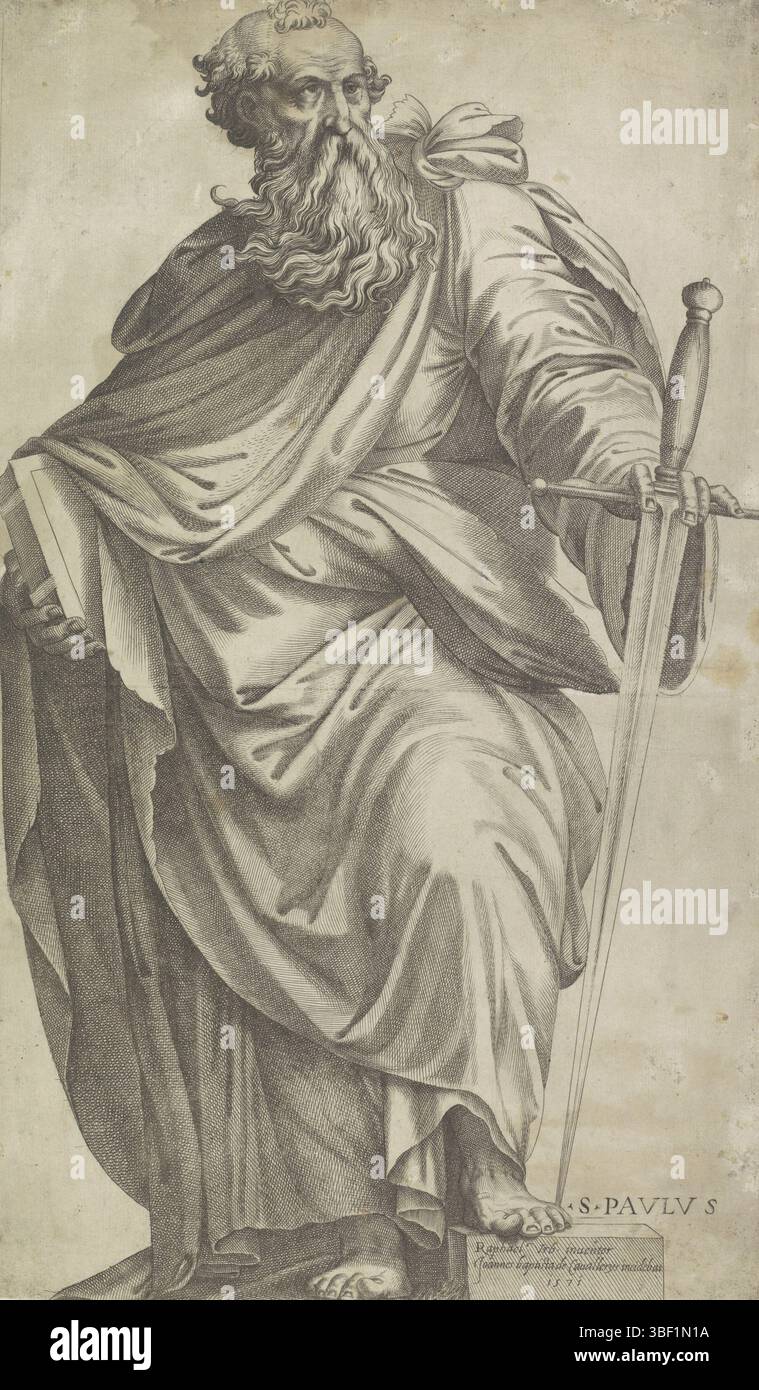 Italia, Raffaello, Italia, Cavalieri, Giovanni Battista de', San Paolo, verso - timbrato, San Paolo in piedi con un libro e una spada., stampa, carta, incisione, processo di stampa, concetto di lavoro, 1483-04-07 - 1520-04-07 Foto Stock