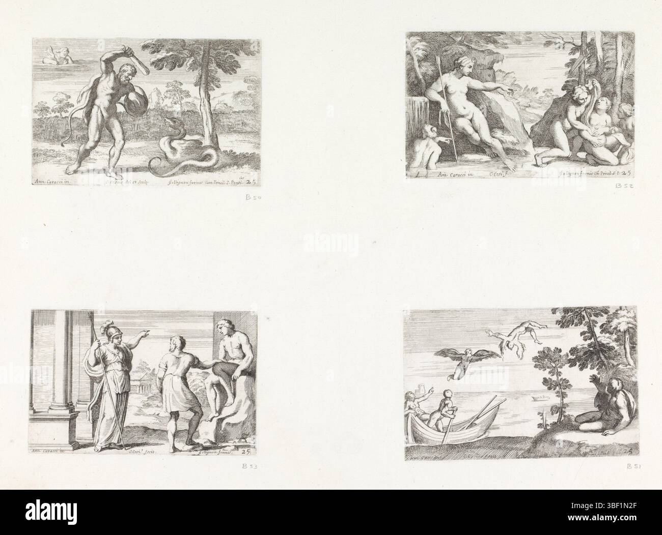 Città del Vaticano, Alessandro VII, Roma, Collignon, Francesco, Italia, Carracci, Annibale, Cesio, Carlo, Galeria nel Palazzo Farnese a Roma, dipinti a Palazzo Farnese a Roma, Ercole combatte con il drago nel giardino dell'Esperido / Diana scopre la gravidanza di Callisto / Minerva lascia che l'immagine prenda vita / la caduta di Icaro, vero - stampato, Foglio con quattro spettacoli. In alto a sinistra: Ercole in battaglia con il drago nel giardino dell'Hesperiden. In alto a destra: Diana e le sue ninfe scoprono la gravidanza di Callisto. In basso a sinistra: Minerva dà vita a una scultura. In basso a destra: Icaro cade mentre lui Foto Stock