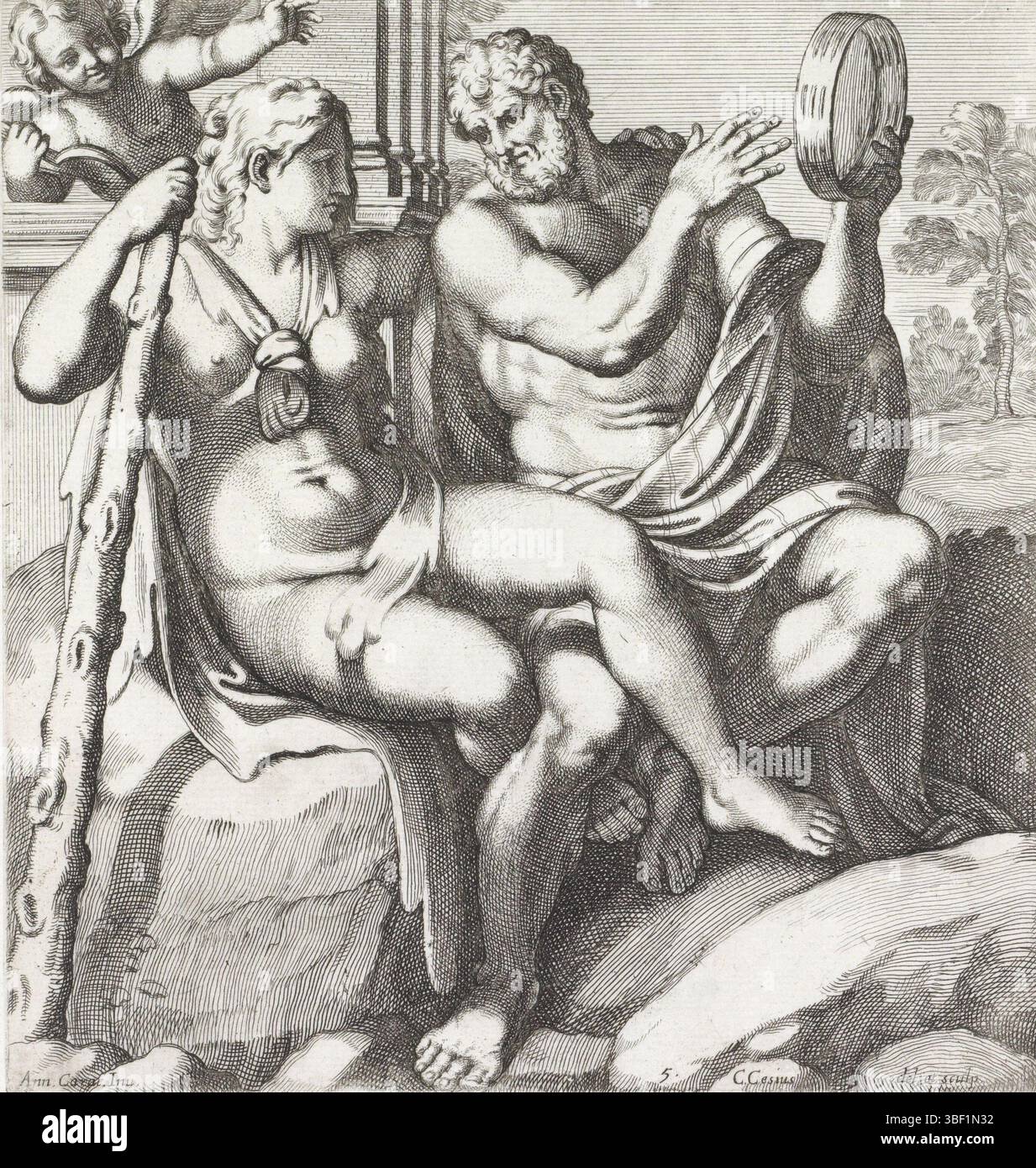 Città del Vaticano, Alessandro VII, Roma, Collignon, Francesco, Italia, Carracci, Annibale, Cesio, Carlo, Galeria nel Palazzo Farnese a Roma, dipinti a Palazzo Farnese a Roma, Ercole e Iole, Ercole e Iole sono su una roccia. Hercules gioca su un tamburello. Sullo sfondo si trova Amor con il suo arco., stampa, altezza 230 mm, larghezza 217 mm, italiano, 1622 - 1682, stampatore, 1656 - 1656, carta, incisione, dragatore intermedio, dopo il disegno, concezione del lavoro, 1560-11-03 - 1609-07-155, secondo la progettazione, pubblicazione (evento), pubblicazione, francese, 1610 - 1687, editore, 1599-02-13 - 1667-05-22, fornire Foto Stock