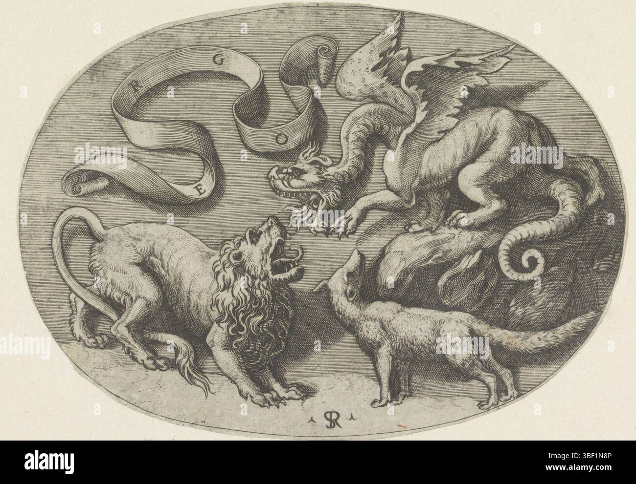 Italia, Raffaello, Italia, dente, Marco, Erog, Fox, leone e drago, verso - timbrato, Una volpe, un leone e un drago. Sopra un rullo a nastro con il titolo., stampa, altezza 115 mm, larghezza 159 mm, italiano, 1486 - 1527, stampatore, 1498 - 1532, carta, incisione, incisione (processo di stampa), ideazione del lavoro, 1483-04-07 - 1520-04-07 Foto Stock