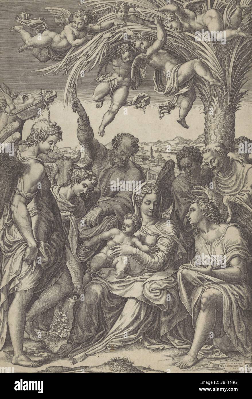 Italia, campi, Giulio, Italia, Ghisi, Giorgio, riposa sul volo per l'Egitto, riposa sul volo per l'Egitto, verso - timbrato, la Sacra famiglia riposa durante il volo per l'Egitto. La famiglia è circondata da angeli. Sopra i cinque putti tra le foglie di una palma., stampa, altezza 470 mm, larghezza 320 mm, italiano, 1520 - 1582-15-15, stampatore, 1578 - 1578, carta, incisione, incisione (processo di stampa), concetto di lavoro, 1502 - 1572 Foto Stock