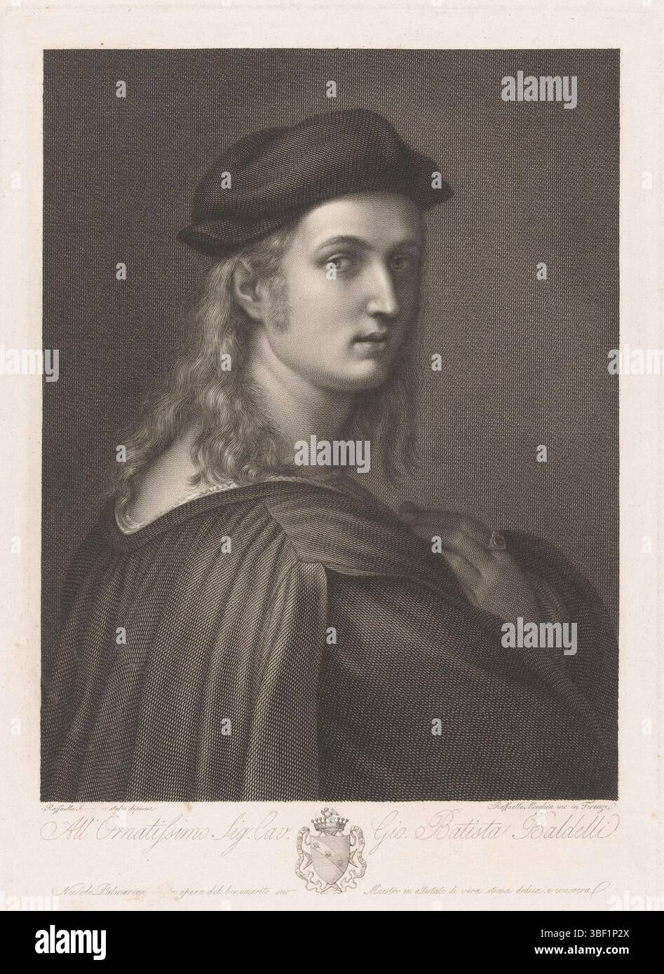 Italia, Raffaello, Ritratto del banchiere Bindo Altoviti, Italia, verso - timbrato, stampa, altezza 305 mm, larghezza 221 mm, italiano, 1758-06-19 - 1833-04-08, stampatore, 1768 - 1833, carta, incisione, incisione, incisione, 1483-04-07 - 1520-04-07 Foto Stock