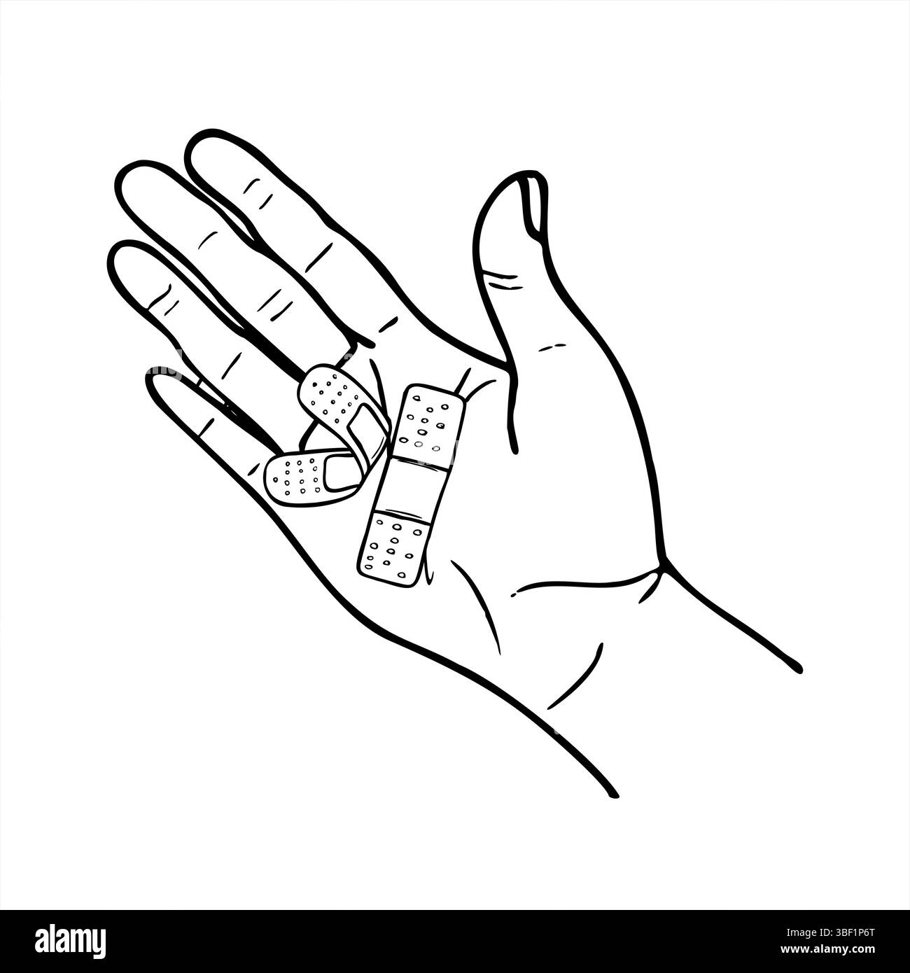 Palmo rivolto verso l'alto con bendatura adesiva sull'illustrazione vettoriale monocromatica a ferita. Kit di pronto soccorso line art con inchiostro nero. Per i manuali medici Illustrazione Vettoriale