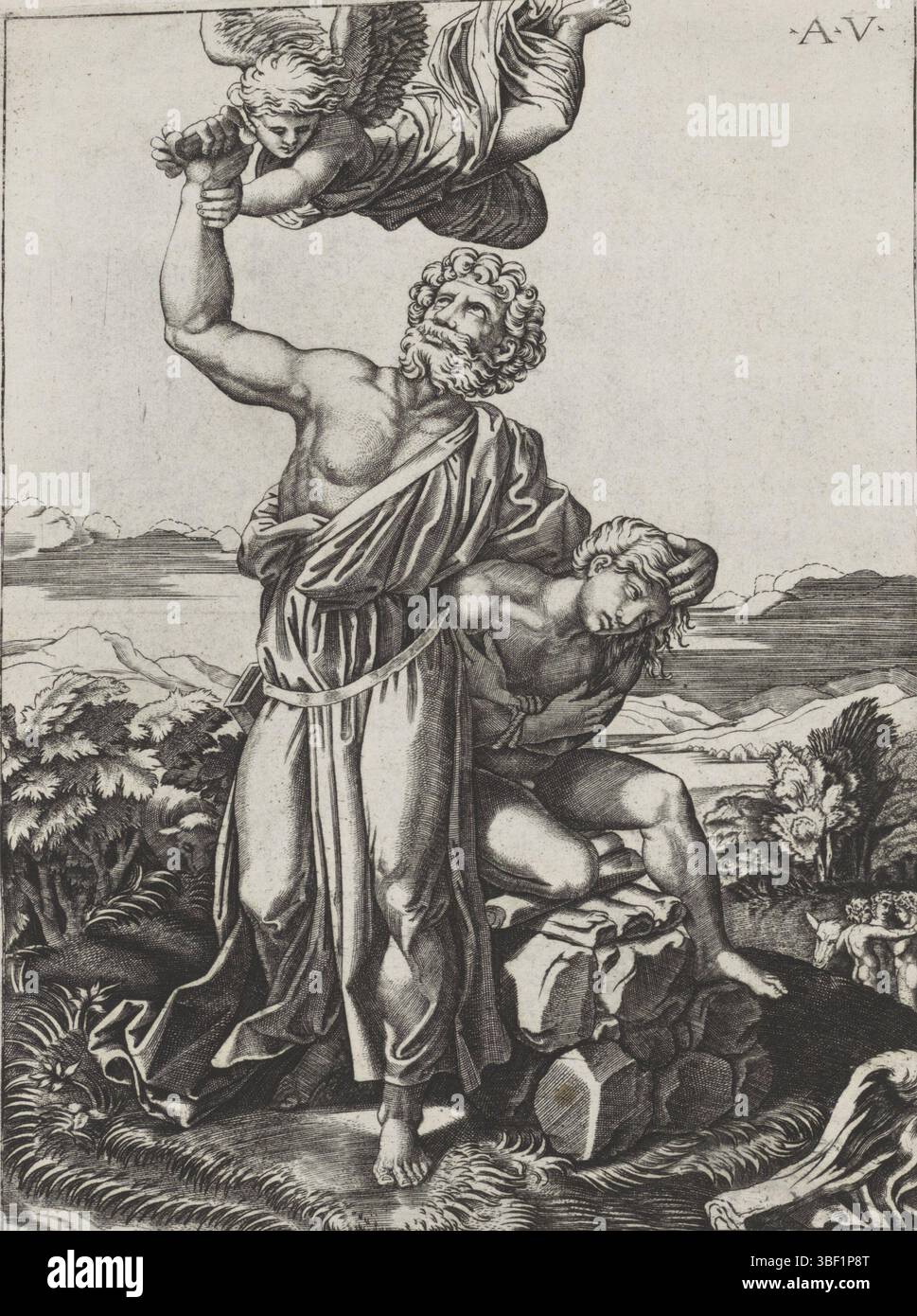 Italia, Raffaello, Italia, Veneziano, Agostino, sacrificio di Isacco, verso-timbrato, Abramo sta per decapitare Isacco, che si siede accanto a lui. Un angelo nel cielo afferra la spada., stampa, altezza 285 mm, larghezza 212 mm, italiano, 1490 - 1536, stampatore, 1500 - 1536, carta, incisione, incisione (processo di stampa), ideazione del lavoro, 1483-04-07 - 1520-04-07 Foto Stock
