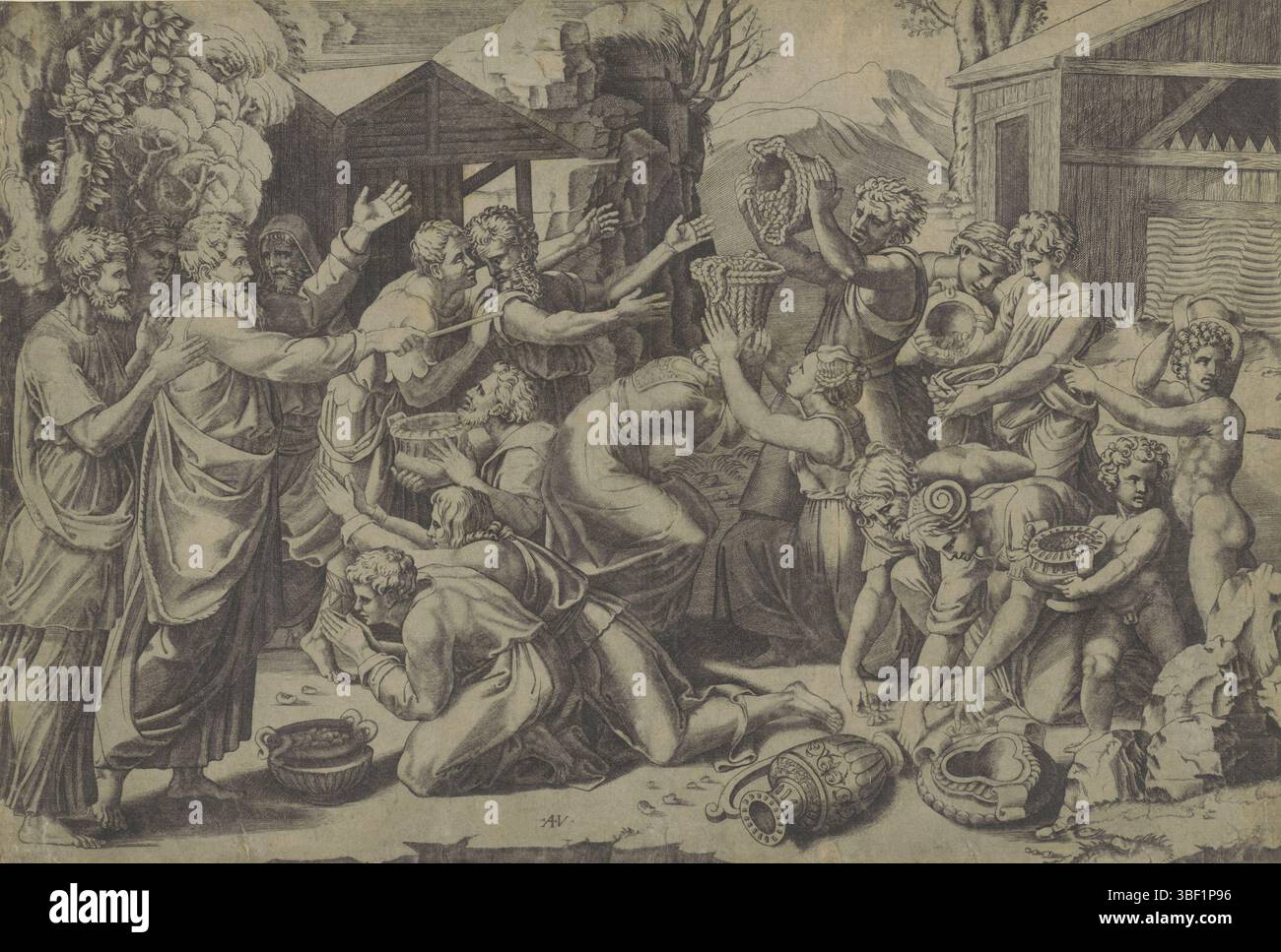 Città del Vaticano, Raffaello, Italia, Veneziano, Agostino, raccogliendo la manna, con il verso-timbrato, gli Israeliti catturano e raccolgono la manna che cade dal cielo. A sinistra si trova Moses., Print, altezza 294 mm, larghezza 436 mm, italiano, 1490 - 1536, stampatore, 1500 - 1536, carta, incisione, incisione (processo di stampa), 1483-04-07 - 1520-04-07, drammaturgo intermedio Foto Stock