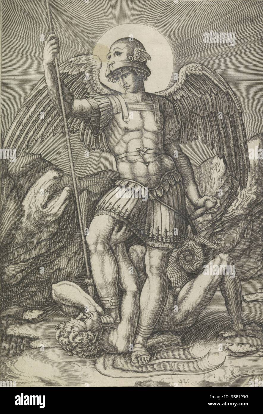 Raffaello, Italia, Veneziano, Agostino, Michele Arcangelo e il drago, verso - timbrato, l'Arcangelo Michele calpesta il drago (il diavolo). Nella mano destra tiene una lancia, nella mano sinistra una spada., stampa, altezza 263 mm, larghezza 180 mm, italiano, 1490 - 1536, stampatore, 1500 - 1536, carta, incisione, incisione (processo di stampa), concetto di lavoro, 1483-04-07 - 1520-04-07 Foto Stock