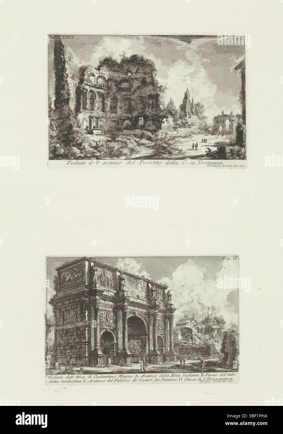 Roma, Piranesi, Giovanni Battista, Roma, le Antichità Romane, reperti archeologici a Roma e dintorni, veduta dell'Arco di Costantino Magno (sotto), veduta dell'avanzo del Peristilo della Casa Neroniana (sopra), paesaggio con rovine e Arco di Costantino a Roma, verso - stampato, Foglio con due rappresentazioni di edifici romani. Sopra: Paesaggio con rovine, secondo il titolo resti della casa di Nerone. Numerato in alto a sinistra: TAV. Numerato in alto a destra: Fig. I. titolo nel margine. Sotto: Faccia sull'arco di Costantino. Numerato in alto a destra: Fig. Titolo ed elenco esplicativo con lettere in basso Foto Stock