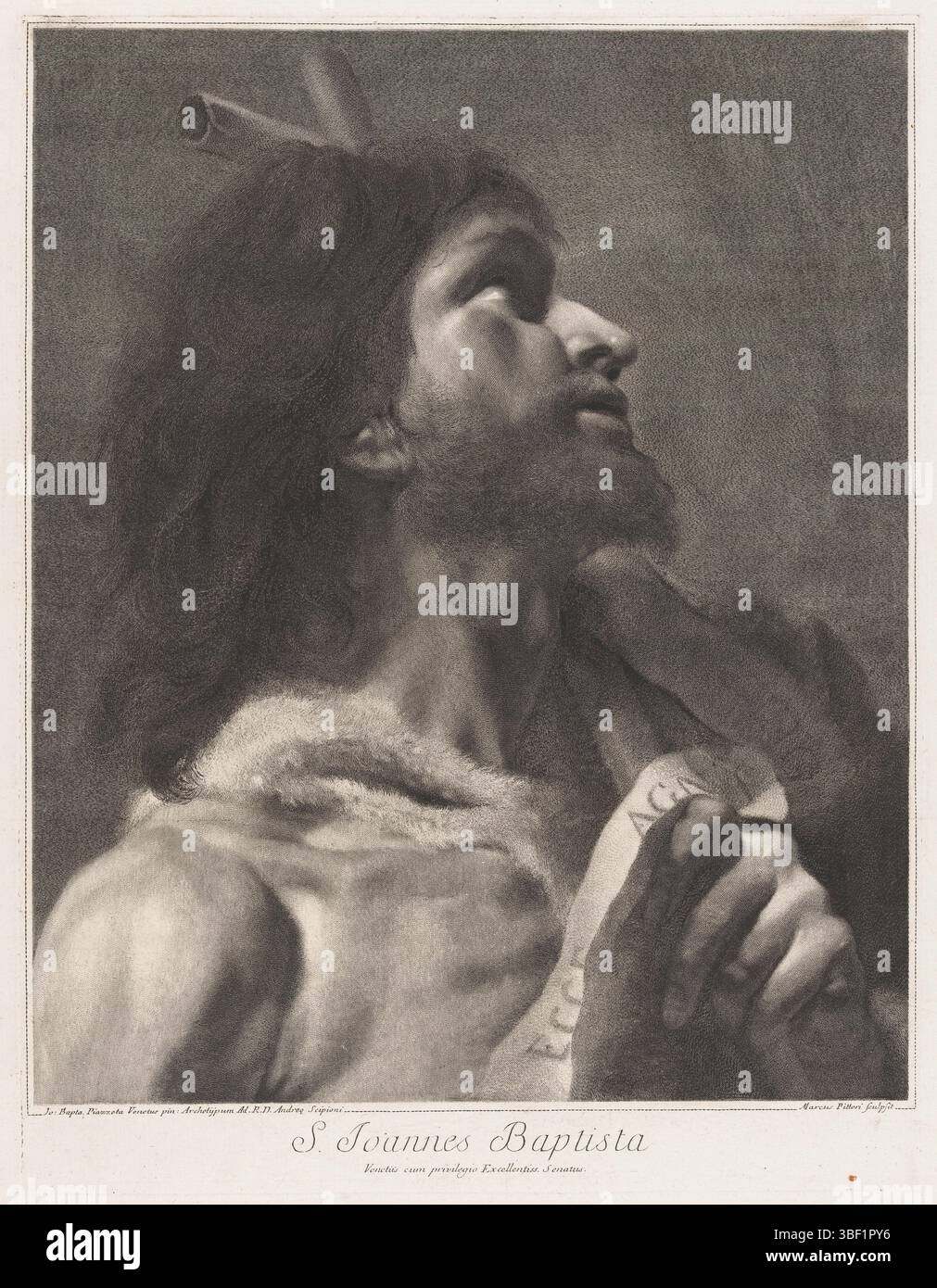 Venezia, Senato di Venezia, Scipioni, Andrea, Venezia, Piazzetta, Giovanni Battista, Pitteri, Giovanni Marco, S. Joannes Baptista, San Giovanni Battista, stampato verso, altezza 433 mm, larghezza 331 mm, italiano, 1702-05-24 - 1786-08-04, stampatore, 1712 - 1786, carta, incisione, incisione (processo di stampa), 1682-02-13 - 1754-04-29, dopo, dopo la verniciatura di, concetto di lavoro, secondo la progettazione, fornitore di privilegi Foto Stock