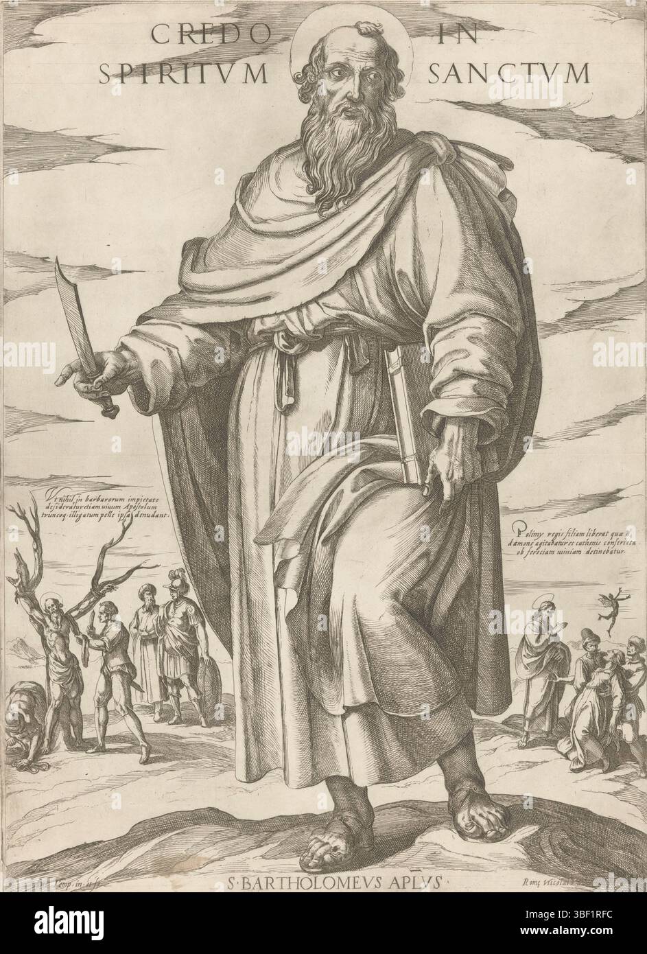 Roma, Aelst, Nicola d'Italia, tempesta, Antonio, Cristo, Maria e gli apostoli, credo in Spirit sanctum, San Bartolomeo, Roma, verso - timbrato, San Bartolomeo con libro e pugnale. Sullo sfondo a sinistra, San Bartolomeo è scuoiato. Sullo sfondo a destra Bartolomeo scaccia un demone da una donna posseduta., stampa, altezza 525 mm, larghezza 380 mm, italiano, 1555 - 1630-08-05, stampatore, 1565 - 1630, carta, incisione, Work Concept, according to HIS own design, Publication (Event), Publication, Southern Netherlands, 1527 - 1613, editore Foto Stock