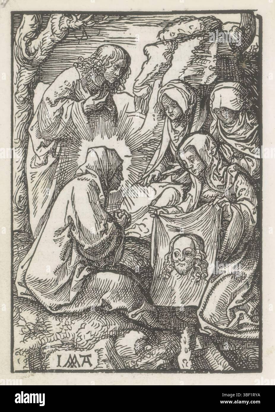 Amsterdam, Pietersz., Doen, Amsterdam, Cornelisz. Van Oostsanen, Jacob, De kleine Passie, Veronica mostra il sudarium a Maria e Johannes, Cornelisz van Oostsanen, Veronica mostra il sudarium, il sudario con l'impronta del volto di Cristo, a Maria e Johannes. La stampa fa parte di un libro. Stampa, illustrazione del libro, stampe, altezza 113 mm, larghezza 78 mm, altezza 141 mm, larghezza 101 mm, Noord-Nederlands, 1475 - 1533, stampatore, 1523 - 1523, carta, xilografia, pubblicazione (evento), pubblicazione, editore Foto Stock